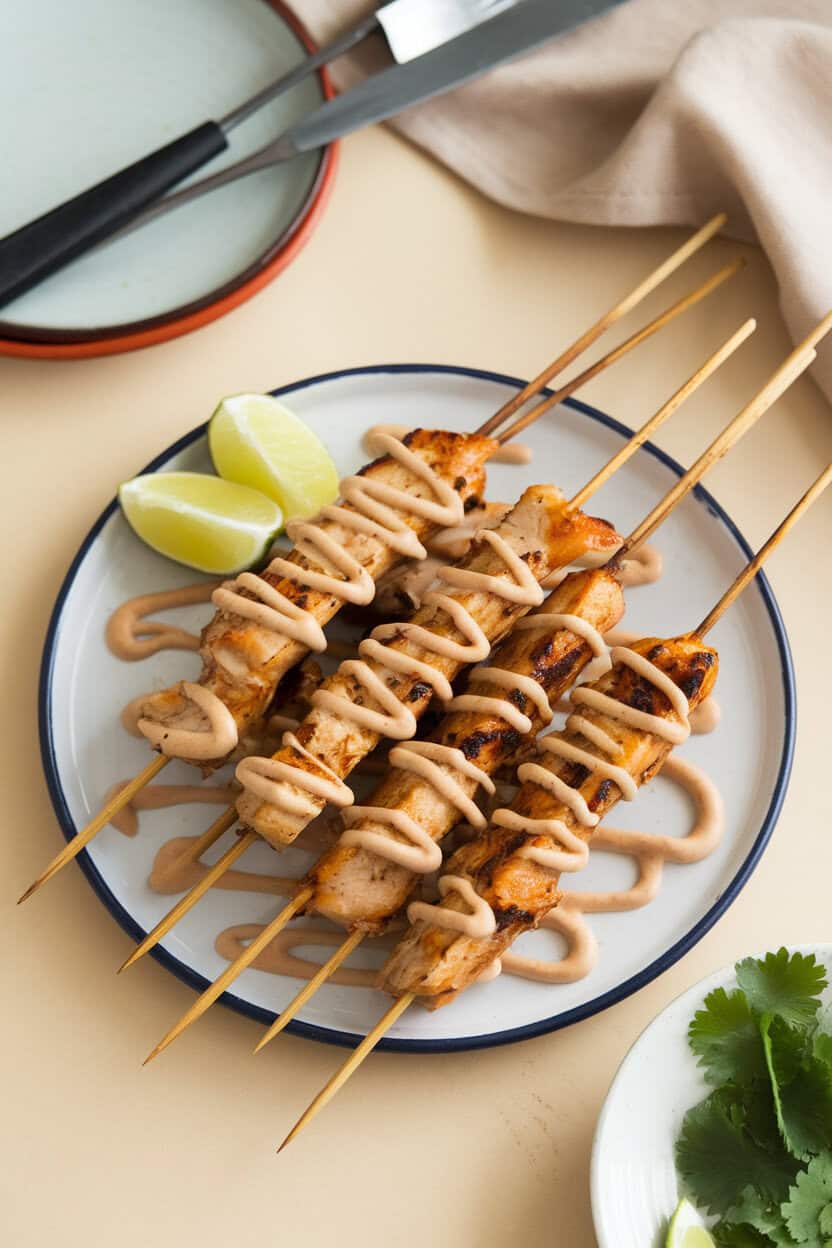 An indoor appetizer platter photo of grilled chicken satay skewers drizzled with creamy peanut sauce, lime wedges on the side. No text or logos present.