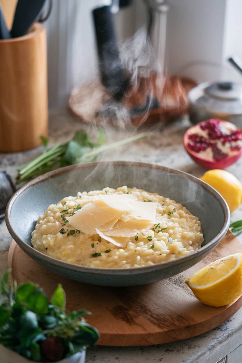 Indoor kitchen island with a shallow bowl of creamy champagned-risotto topped with shaved Parmesan, steam rising, no text or logos.