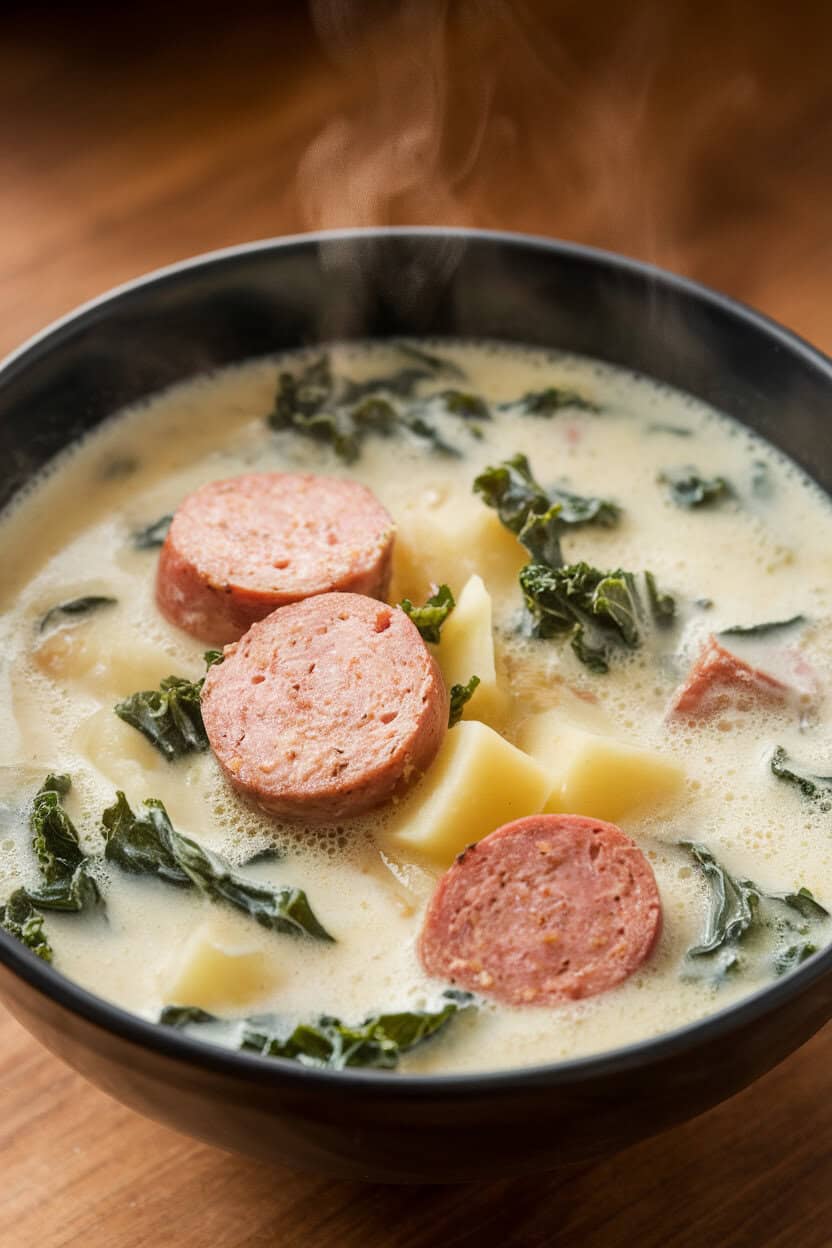 Indoor image of a creamy soup with sliced sausage, diced potatoes, and kale ribbons in a light broth, steam rising. No text or logos