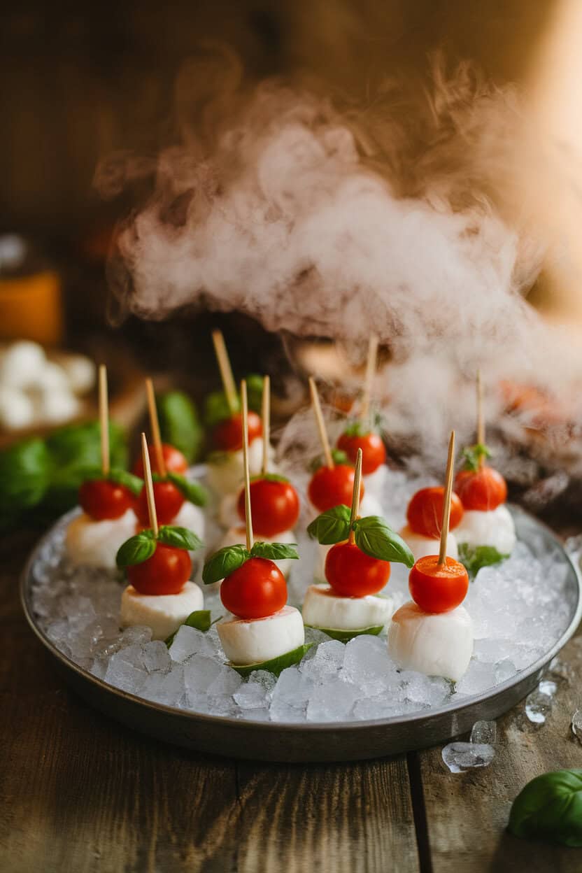 Indoor photo of mini caprese skewers (mozzarella, basil, cherry tomato) arranged on crushed ice over a tray, fog from dry ice nearby. No text or logos.