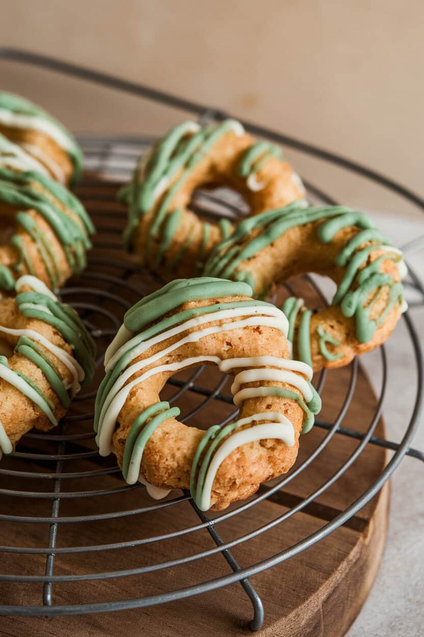 Indoor photo of ring-shaped coconut macaroons drizzled with green-tinted white chocolate, set on a wire rack. No text or logos.