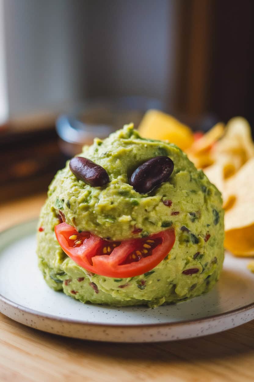 Indoor photo of a green guacamole mound shaped into a creepy face, black bean eyes and a tomato slice grin. No text or logos.