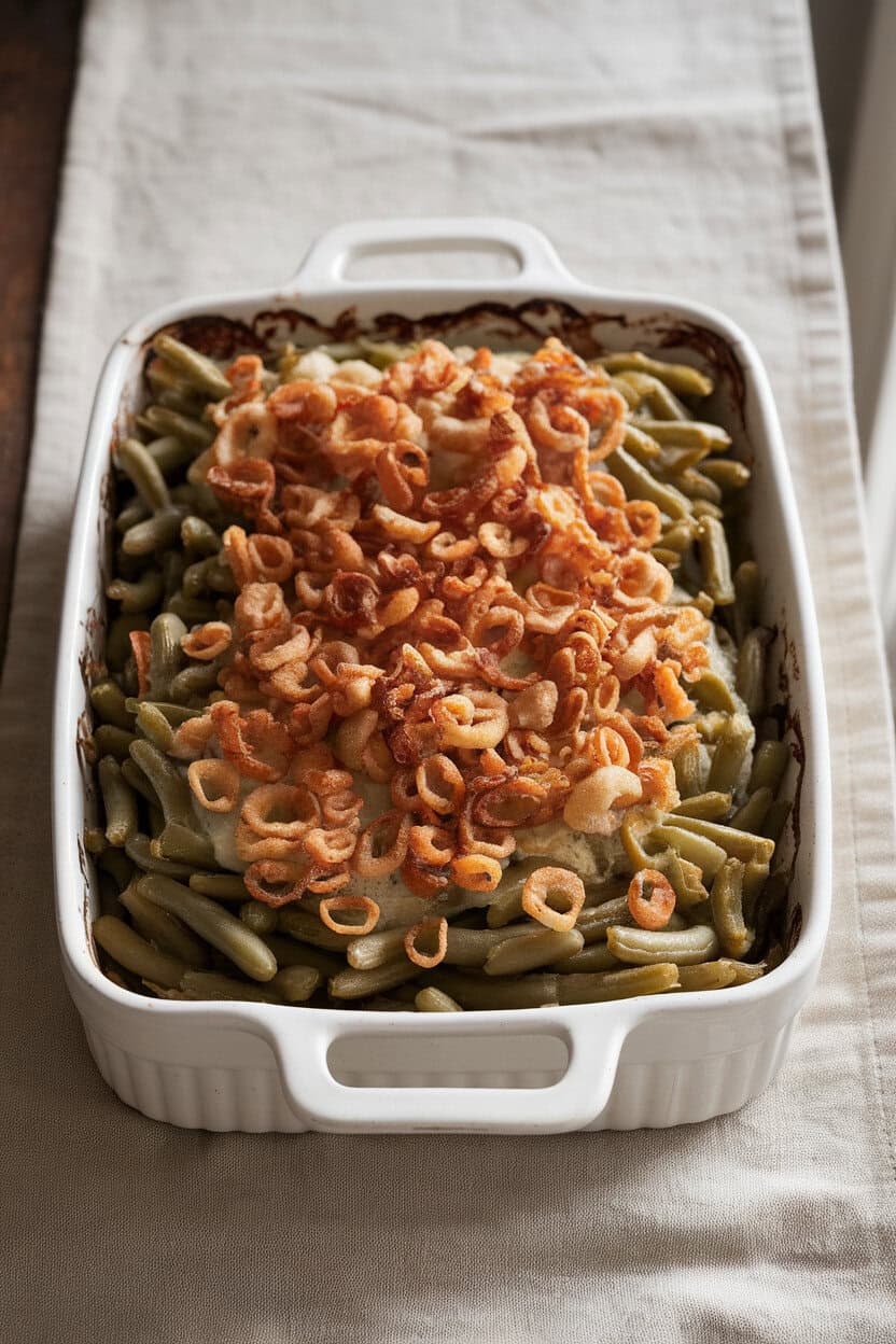 A white baking dish filled with bubbling green bean casserole topped with golden fried shallots, placed on a linen runner indoors, no text or logos.