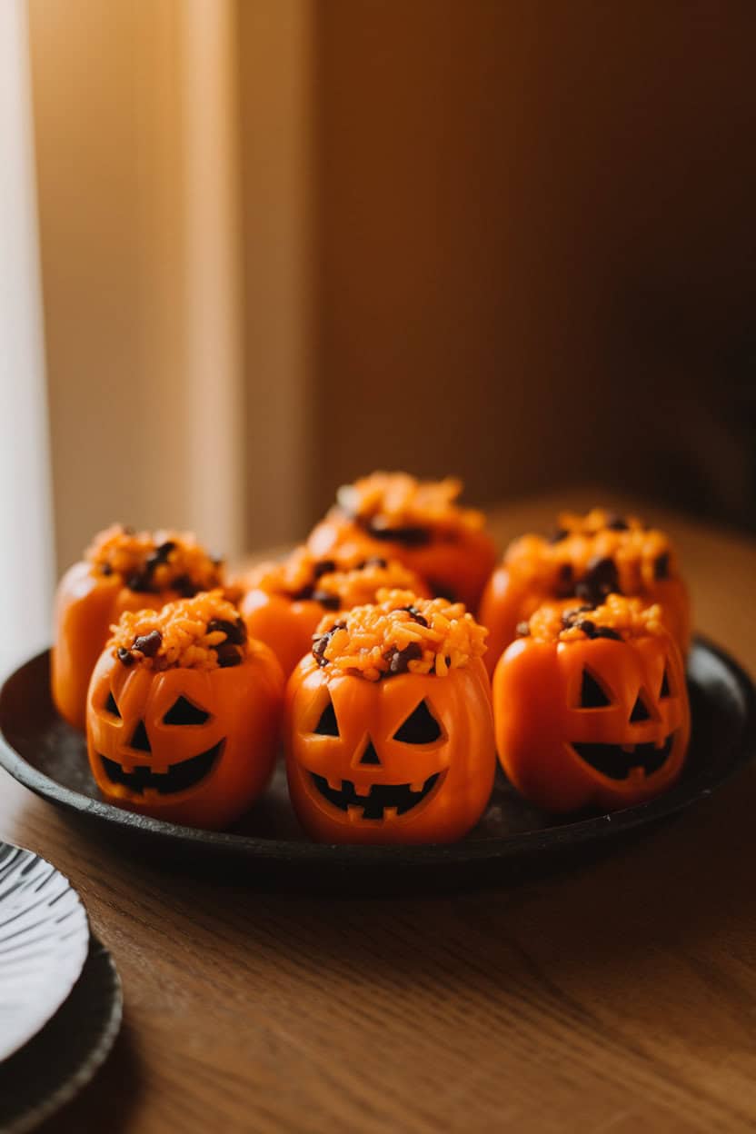 A warmly lit indoor table featuring orange mini bell peppers carved with simple jack-o’-lantern faces, stuffed with cheesy rice and black bean filling, lined up on a dark platter. No text or logos visible in the scene. Photo only, not an illustration.