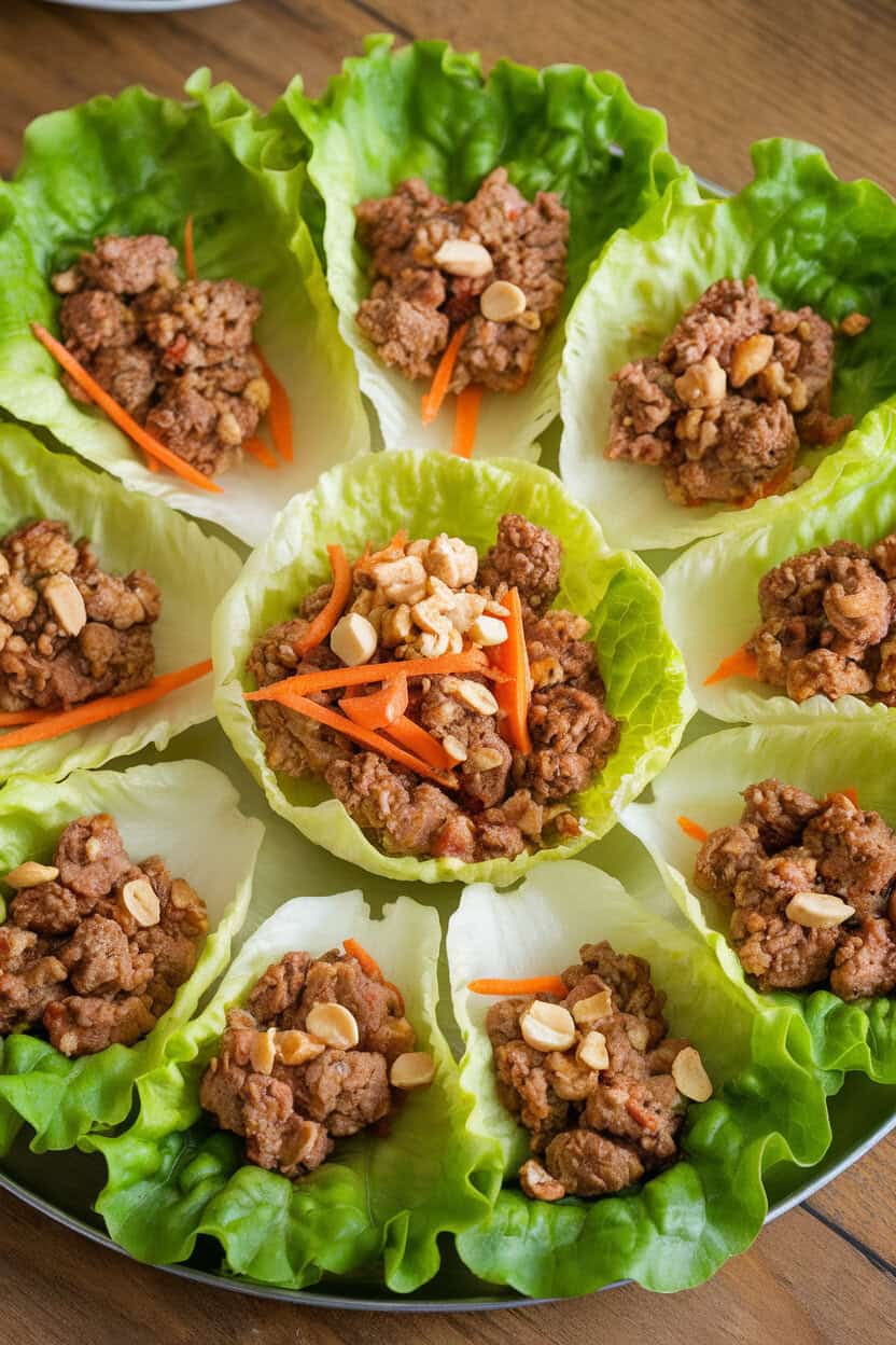 Indoor photo of crisp butter-lettuce cups filled with savory ground beef, shredded carrots, and chopped peanuts, served on a platter. No text or logos present.