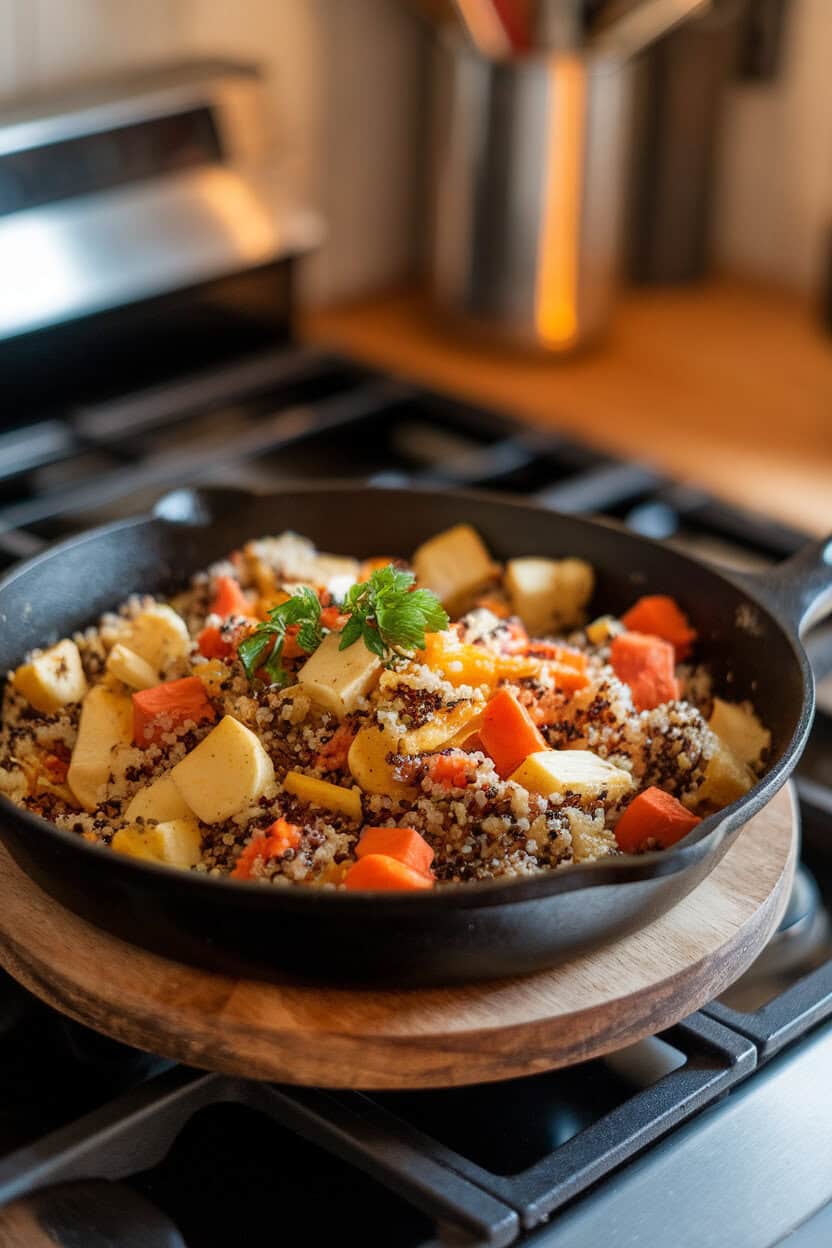 An indoor stovetop with a skillet of tricolor quinoa tossed with roasted parsnips, rutabaga, and carrots, garnished with parsley. No logos or text. Photo.