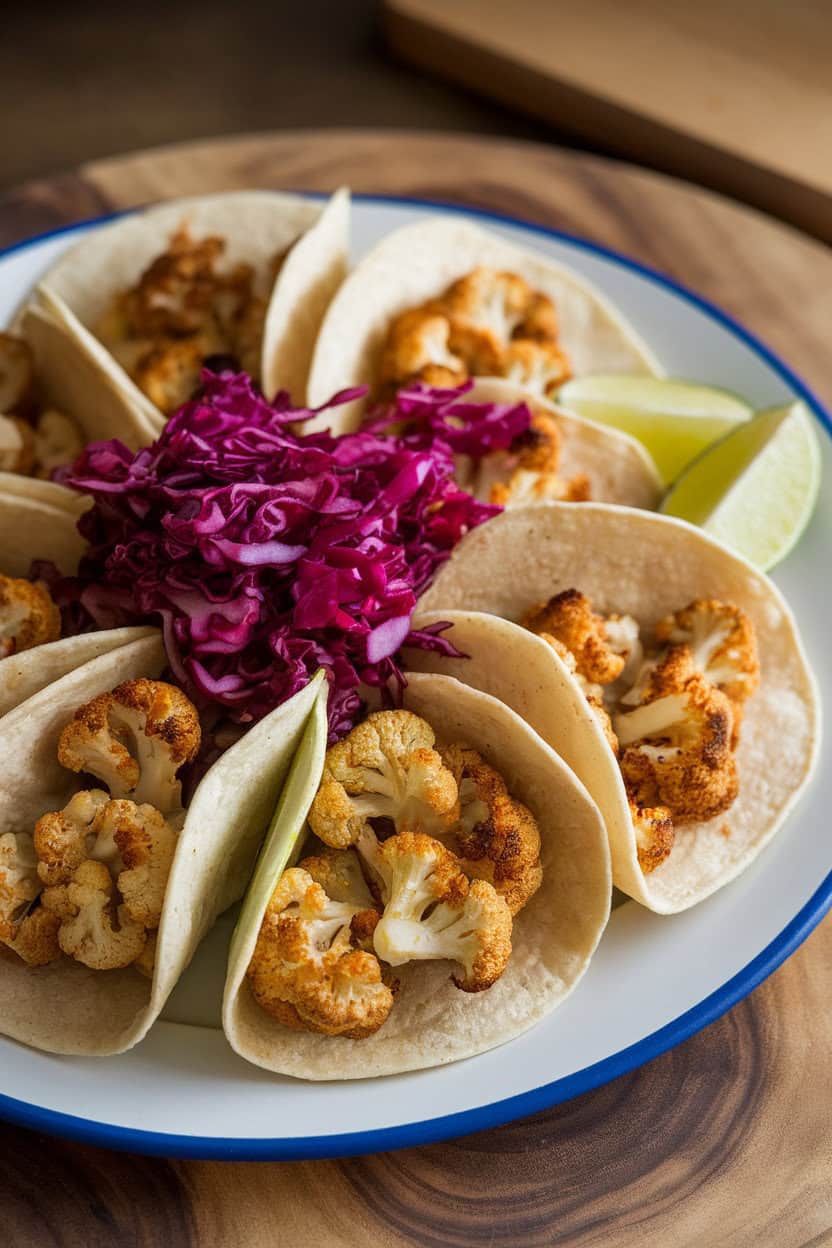 Indoor arrangement of soft tortillas filled with browned cauliflower florets, topped with purple cabbage slaw and lime wedges on the side. No text or branding visible.