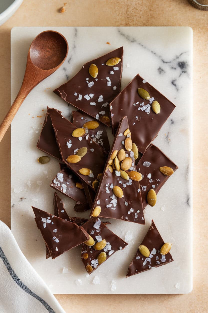 Photo, not illustration. Indoor marble slab with shards of glossy dark chocolate studded with toasted pumpkin seeds and sea salt. No branding.