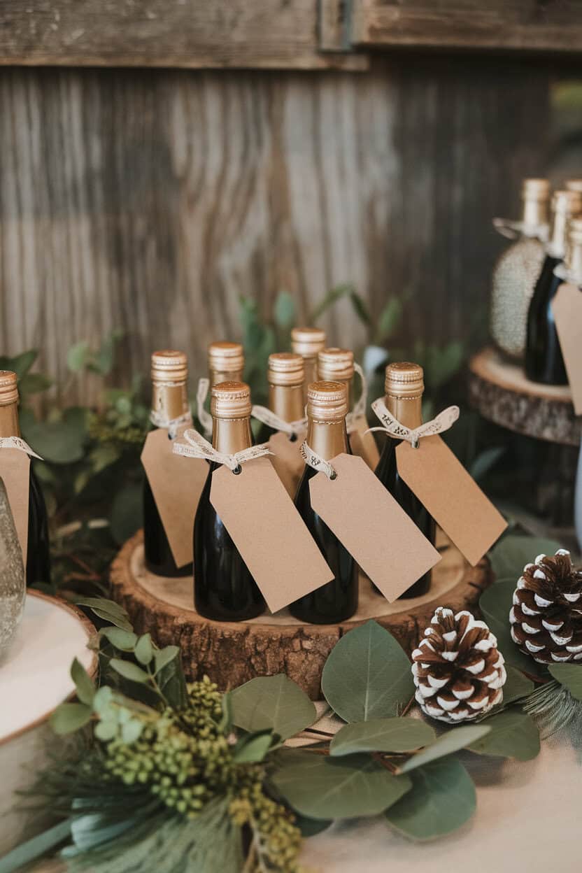 Indoor party favor table lined with 187 ml mini champagne bottles tied with blank kraft tags and ribbon, no text or logos.