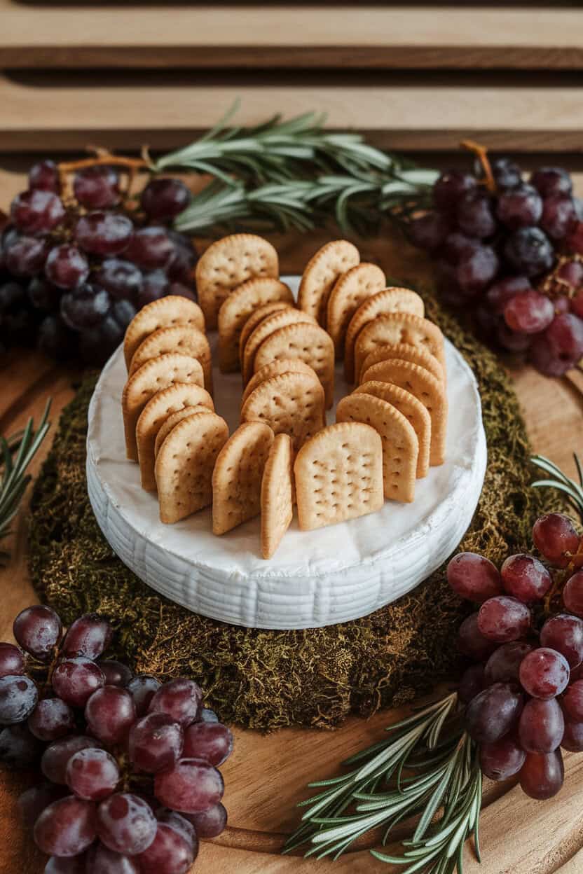 Indoor photo of a round brie wheel topped with miniature cracker “tombstones,” surrounded by clusters of red grapes and rosemary sprigs for a mossy look. No text or logos present.