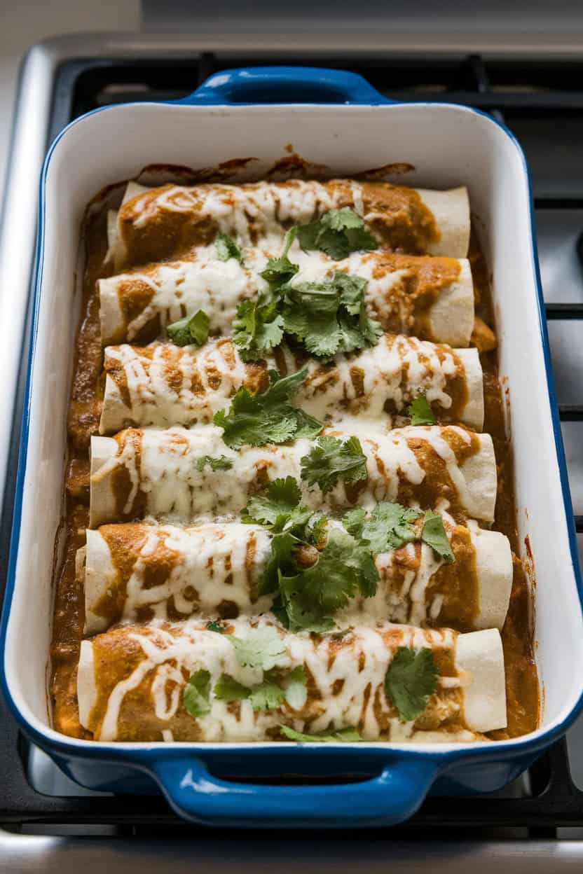 Baking dish of turkey enchiladas coated in green tomatillo sauce and melted cheese, cilantro sprinkled on top, indoor stovetop backdrop, no text or logos.