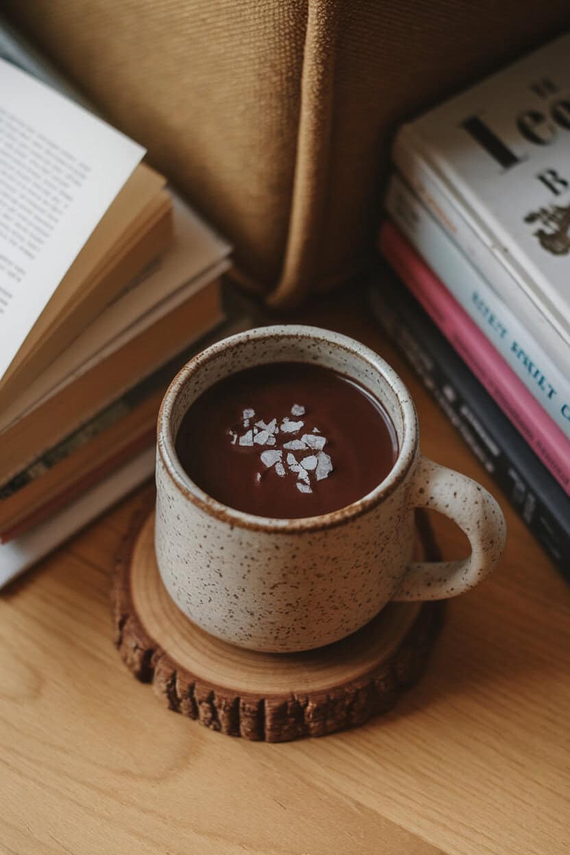 Indoor reading nook, stoneware mug of dark hot cocoa, flaky smoked salt pinch on creamy surface, neighboring book stack; no logos