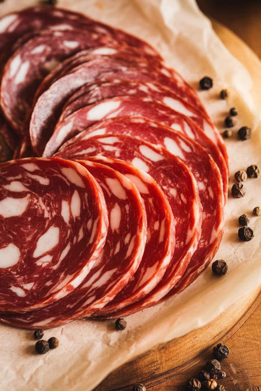 Close-up indoor photo of marble slices of Genoa salami fanned out on parchment, peppercorns scattered nearby. No text or logos.