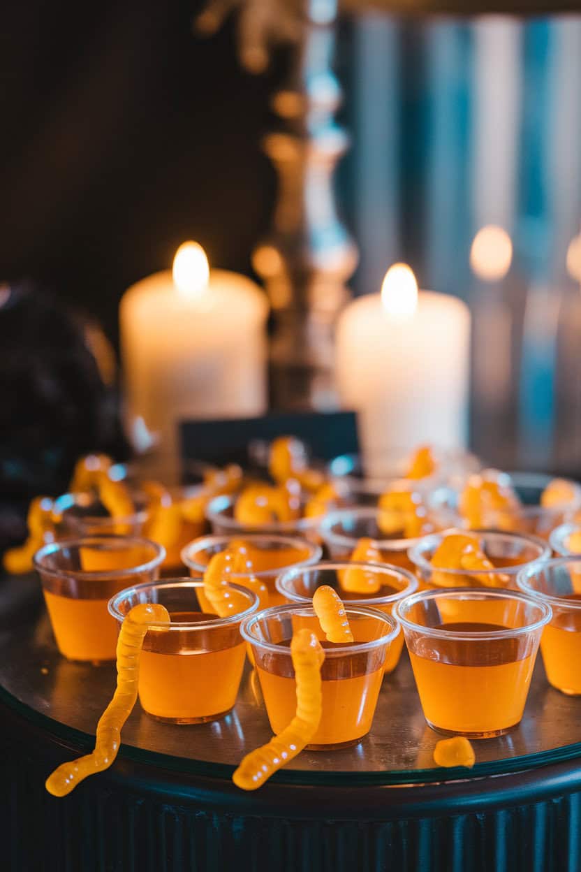 Photo, not illustration — indoor tabletop with small clear cups of orange gelatin each holding gummy worms that drape over the rim; ambient party lighting, no text or logos