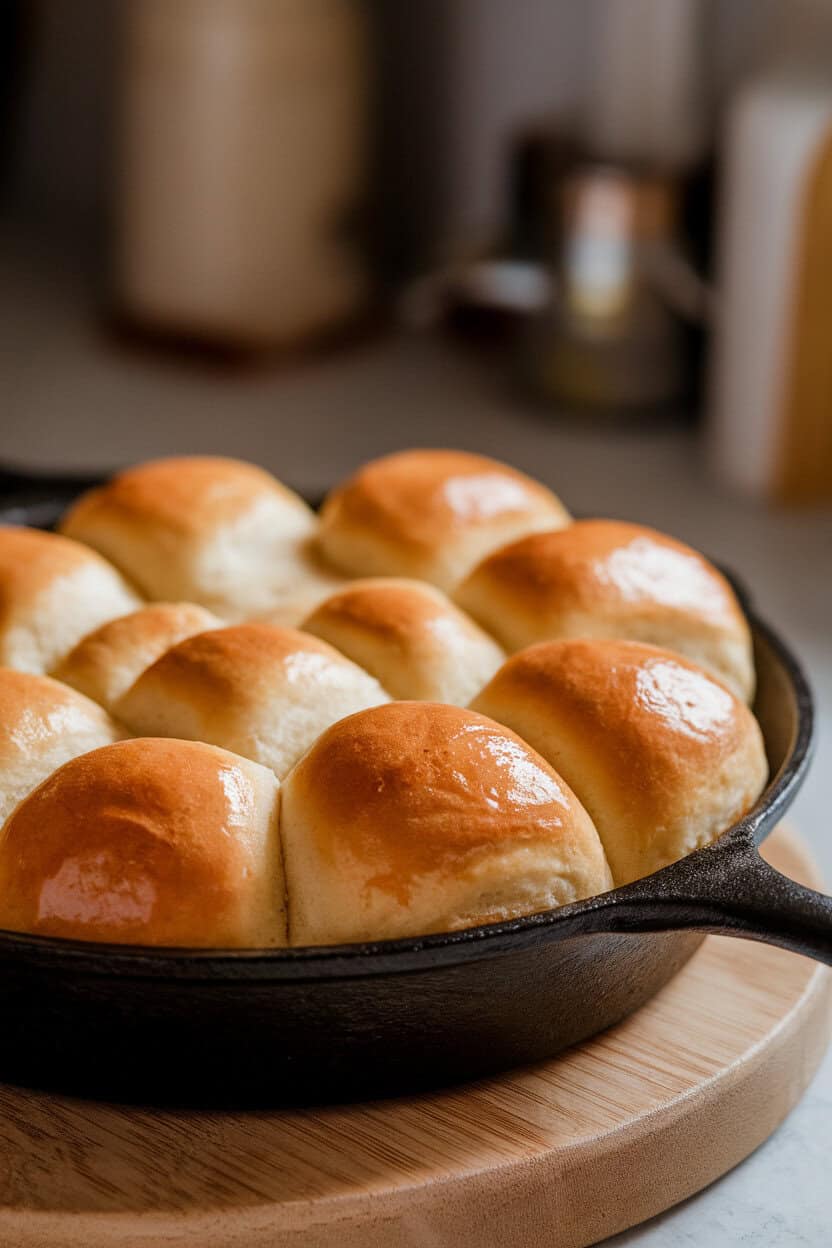 Indoor photo of a cast-iron skillet filled with buttery pull-apart rolls, tops brushed with garlic herb butter. No text or logos.