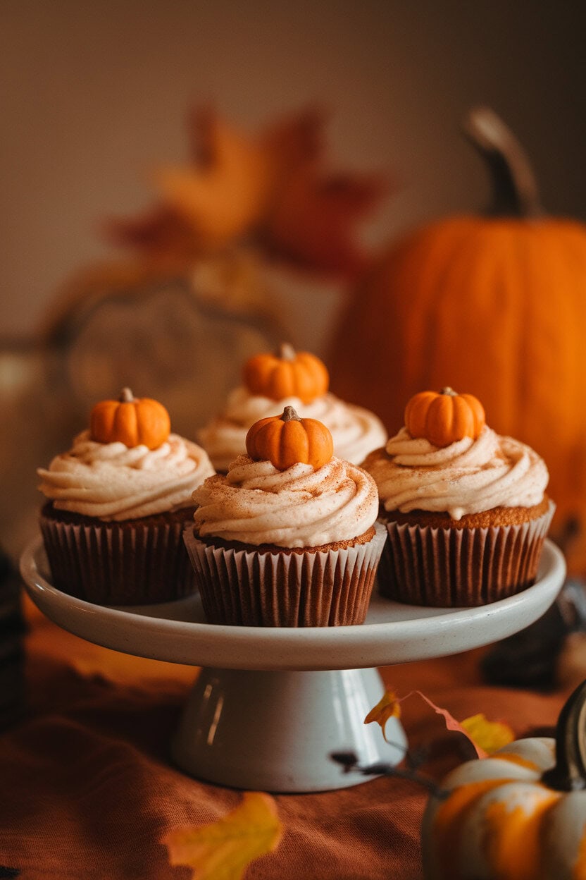 A warmly lit indoor tabletop featuring frosted pumpkin spice cupcakes topped with a light dusting of cinnamon and tiny sugar pumpkins. Cupcakes sit on a simple ceramic cake stand; no text or logos visible. Photo only.
