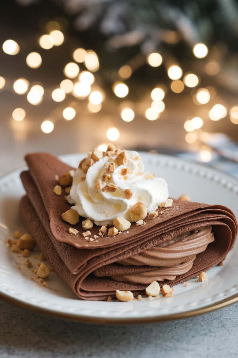 Indoor dessert plate with thin chocolate crepes folded around hazelnut spread and topped with whipped cream and crushed hazelnuts, festive lights blurred in background. No text or logos. Photo, not illustration.