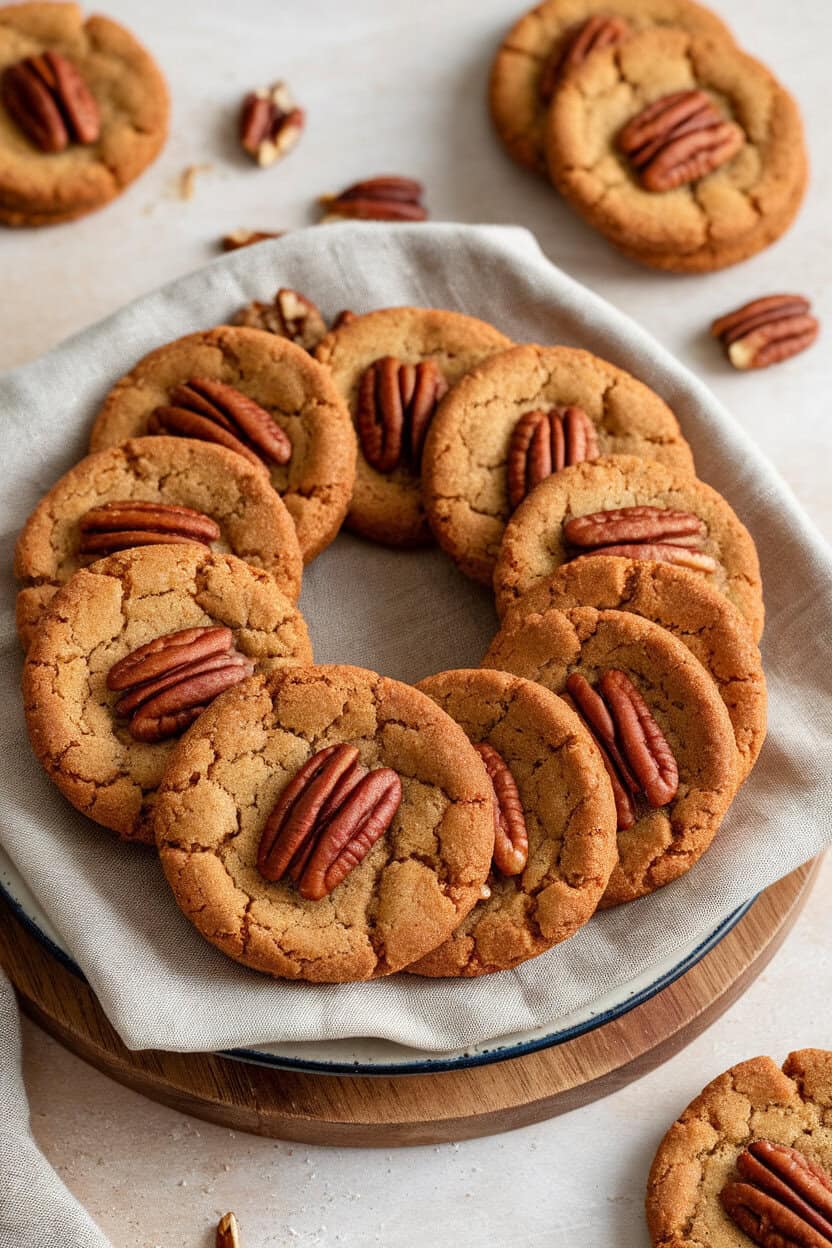 An indoor photo of pecan sandies with visible pecan halves on top, bronze edges hinting at brown butter flavor, displayed on a linen-covered plate. No text or logos.