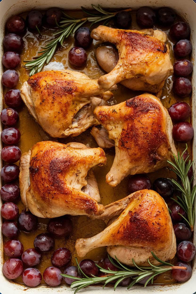 Indoor roasting pan showing cooked bone-in chicken pieces surrounded by blistered red grapes and rosemary sprigs, juices glistening. Photo only, no text or logos.