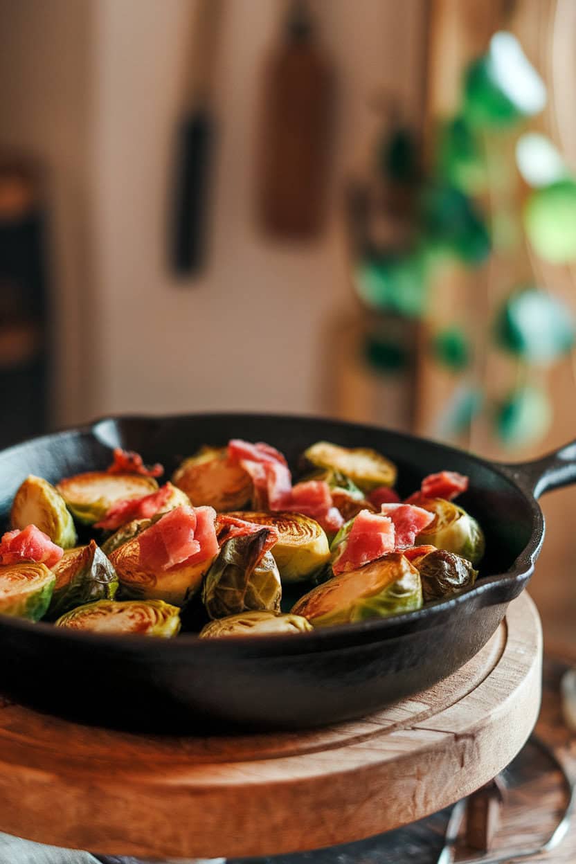 Photo of a cast-iron skillet indoors holding halved roasted Brussels sprouts dotted with crisp pancetta pieces, soft warm lighting, no text or logos.