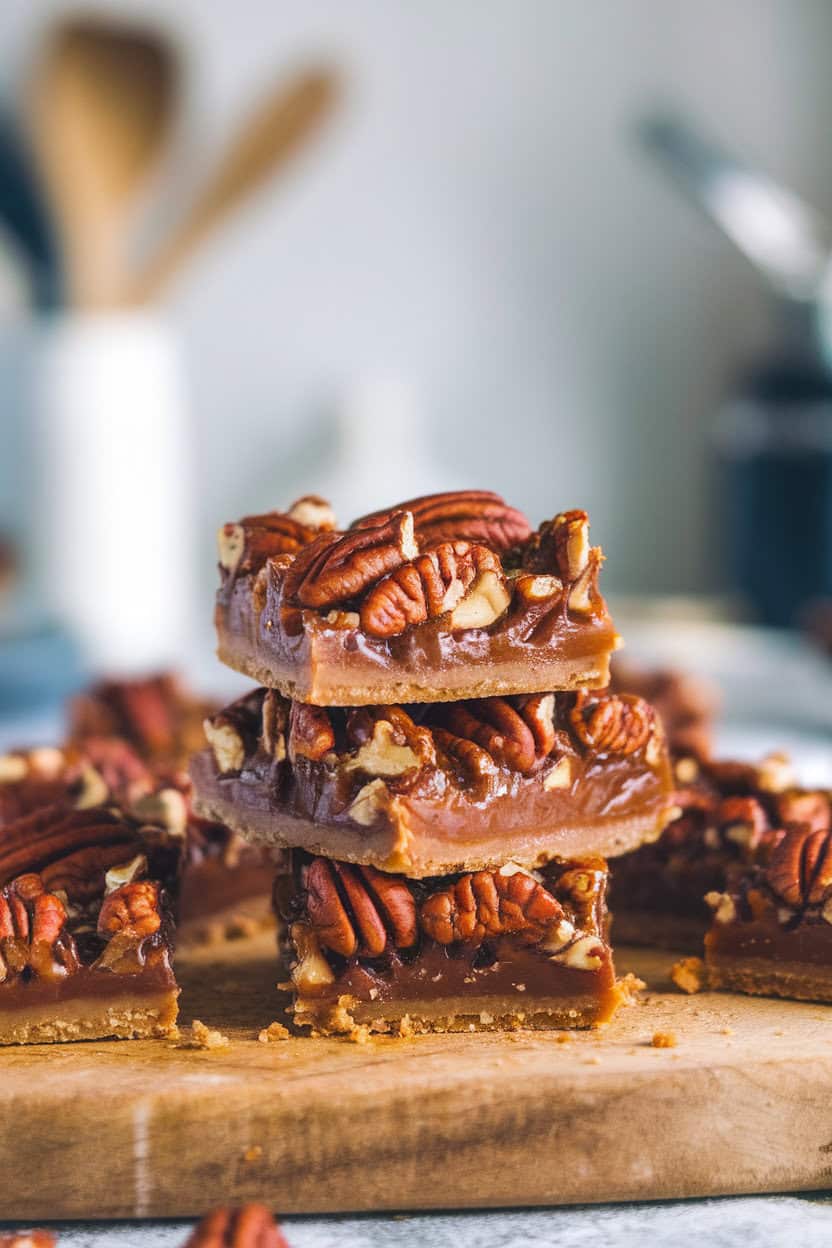 An indoor cutting board stacked with glossy pecan pie bars, caramel filling visible, crumbs scattered naturally; no text or logos. Photo, not illustration.
