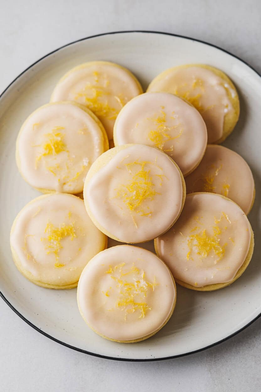An indoor photo of round lemon meltaway cookies with a thin white glaze, zest sprinkled lightly on top, sitting on a simple white plate. No text or logos visible.