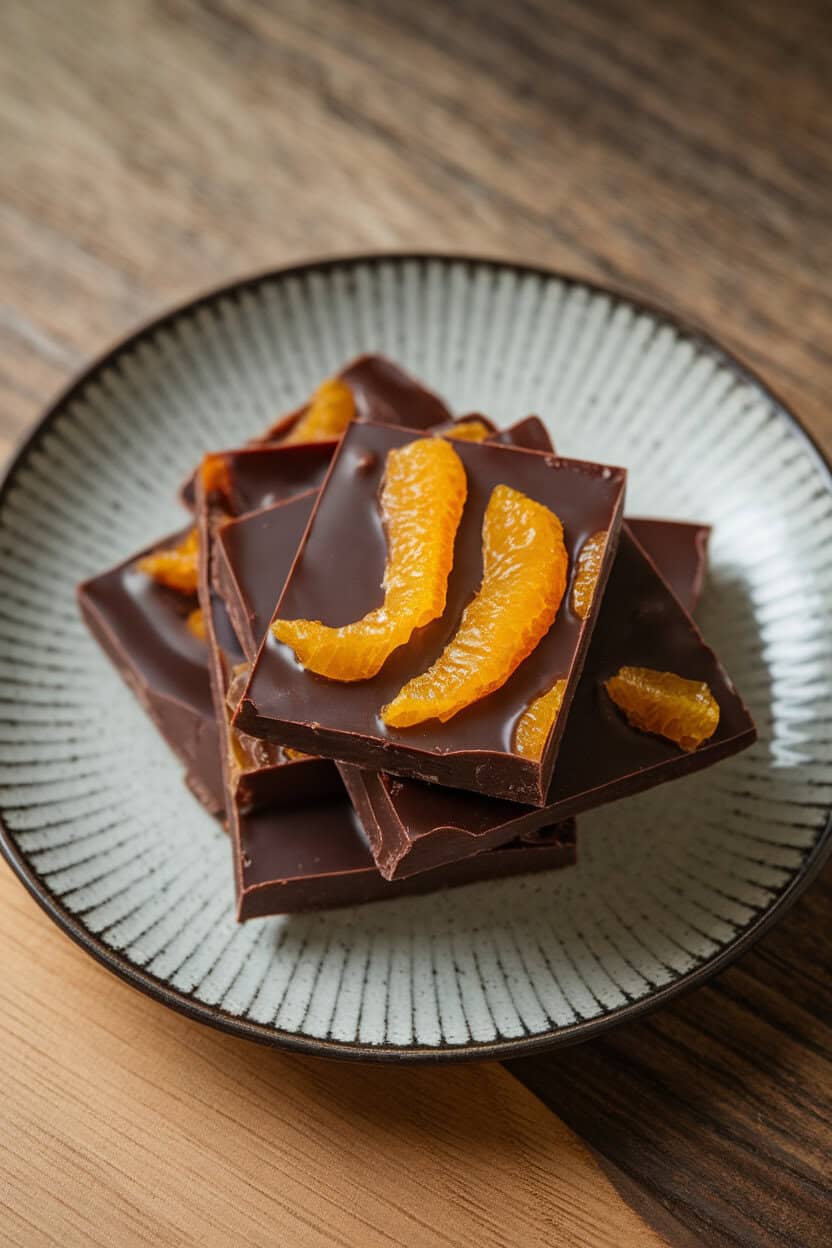 Indoor shot of dark-chocolate toffee topped with candied orange peel and a subtle drizzle of whisky glaze. No text or logos.