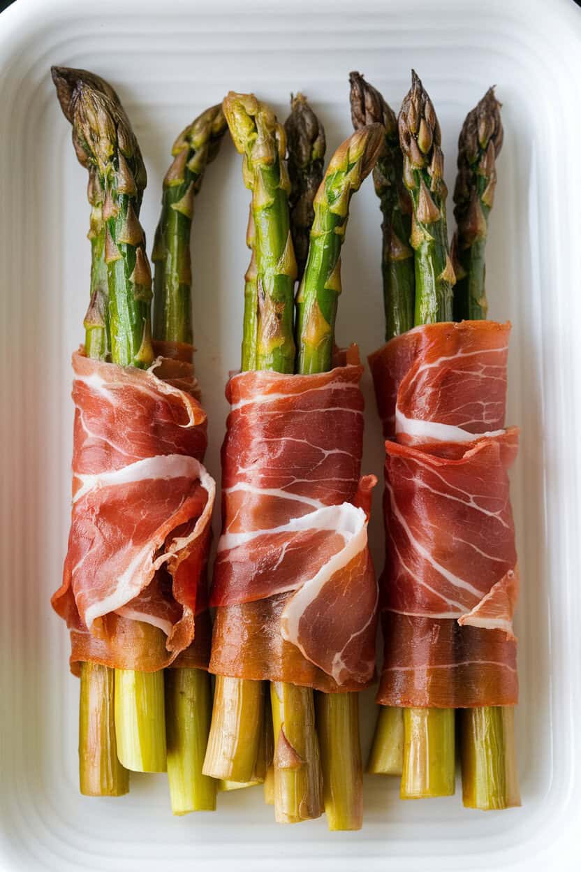 Indoor photo of roasted asparagus spears wrapped in crisp prosciutto, arranged neatly on a platter. No text or logos.
