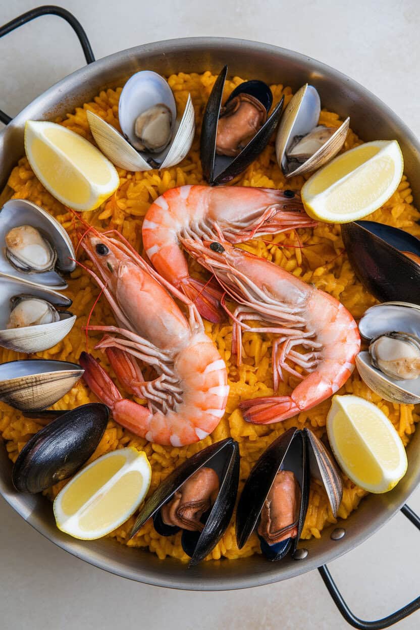An overhead indoor shot of a paella pan brimming with golden saffron rice, shrimp, mussels, and clams, lemon wedges around the rim. No text or logos included.