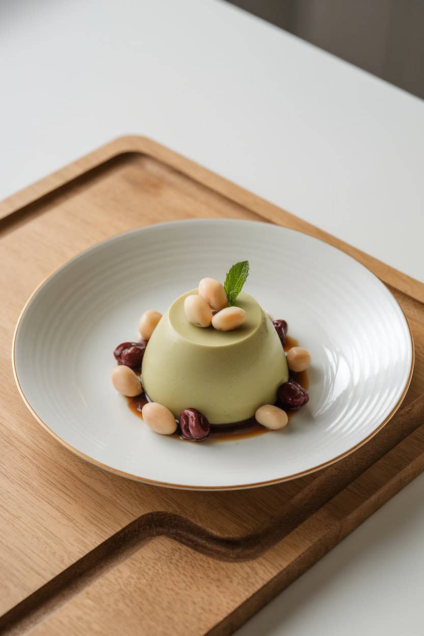 An indoor dessert plate showcasing a smooth green tea panna cotta topped with a few azuki beans and a small mint leaf. No text or logos. Photo, not illustration.