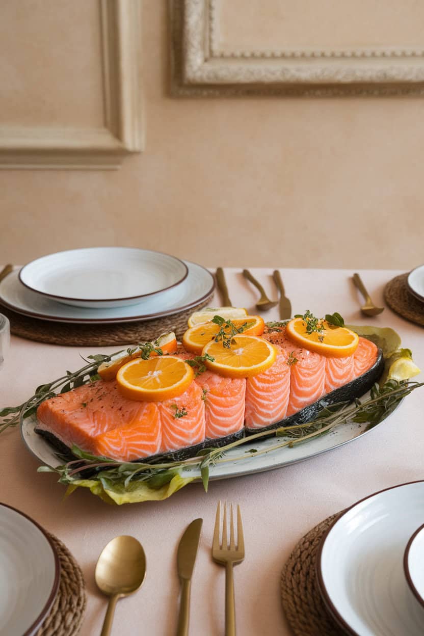 Photo of a cooked whole side of salmon topped with orange and lemon slices, herbs scattered over, indoor dining table shot. No text or logos.