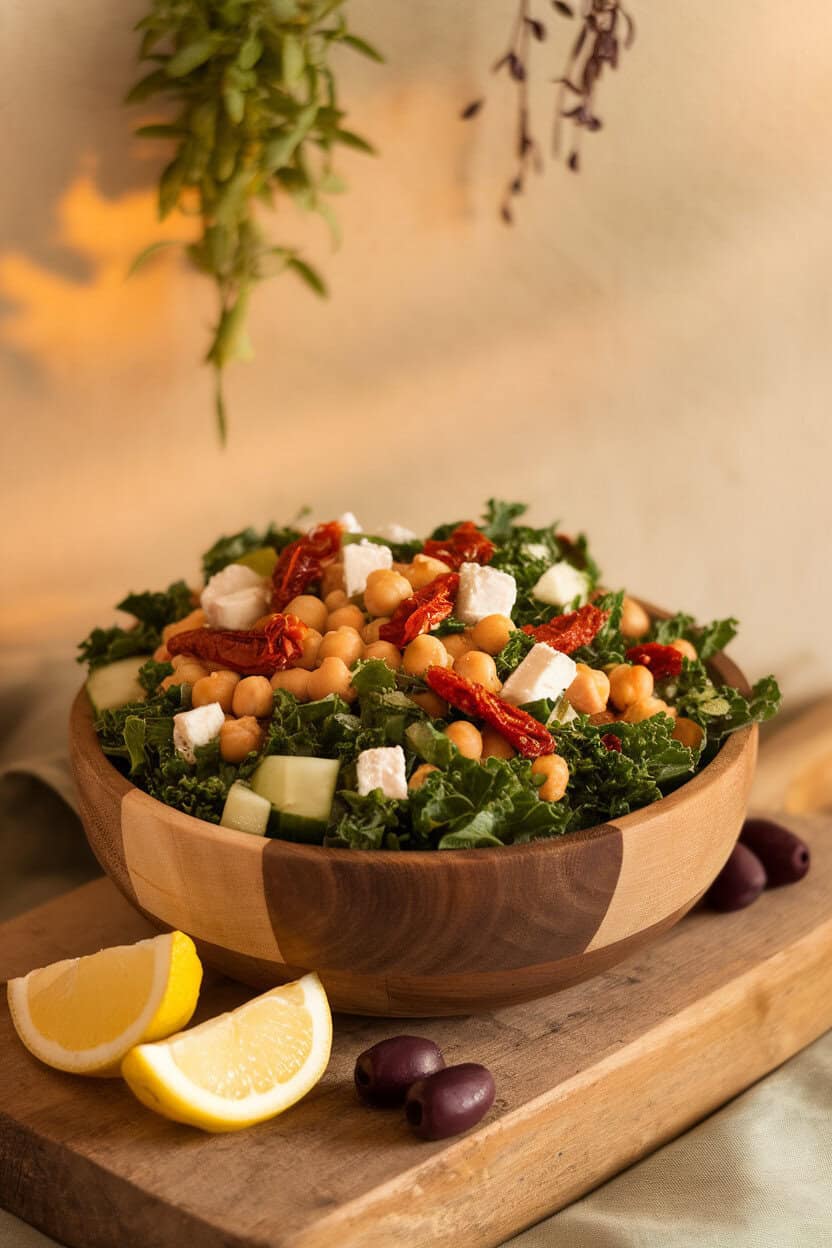 An indoor counter with a bowl of chopped kale, chickpeas, sun-dried tomatoes, cucumber, and feta, lightly tossed in vinaigrette. No text or logos; photo, not illustration.