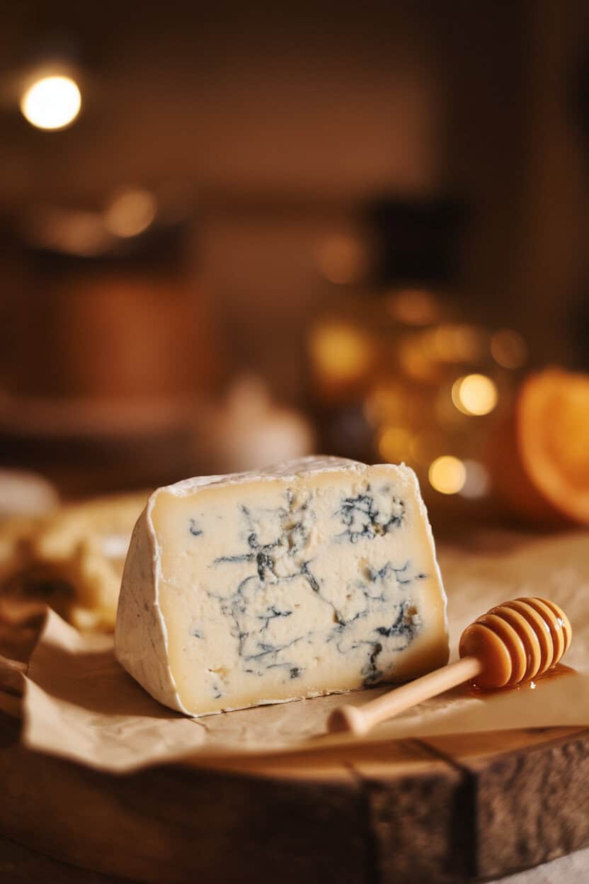 A warmly lit indoor close-up of a creamy wedge of Gorgonzola Dolce on parchment, blue marbling visible, with a tiny honey dipper beside. No text or logos.