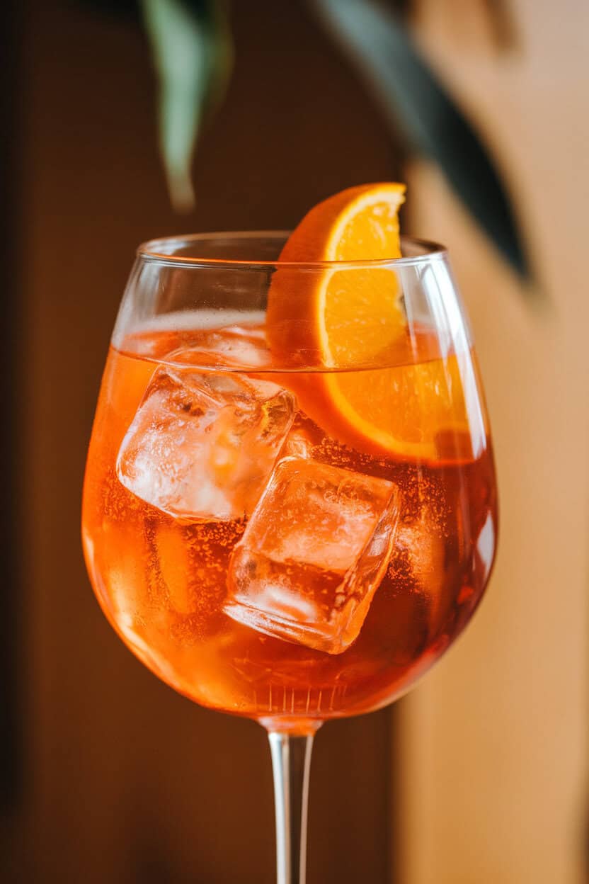 Photo of a wine glass brimming with bright orange Aperol Spritz, ice cubes sparkling, and a half-moon orange wheel resting inside. Indoor setting with soft, warm lighting; no logos.