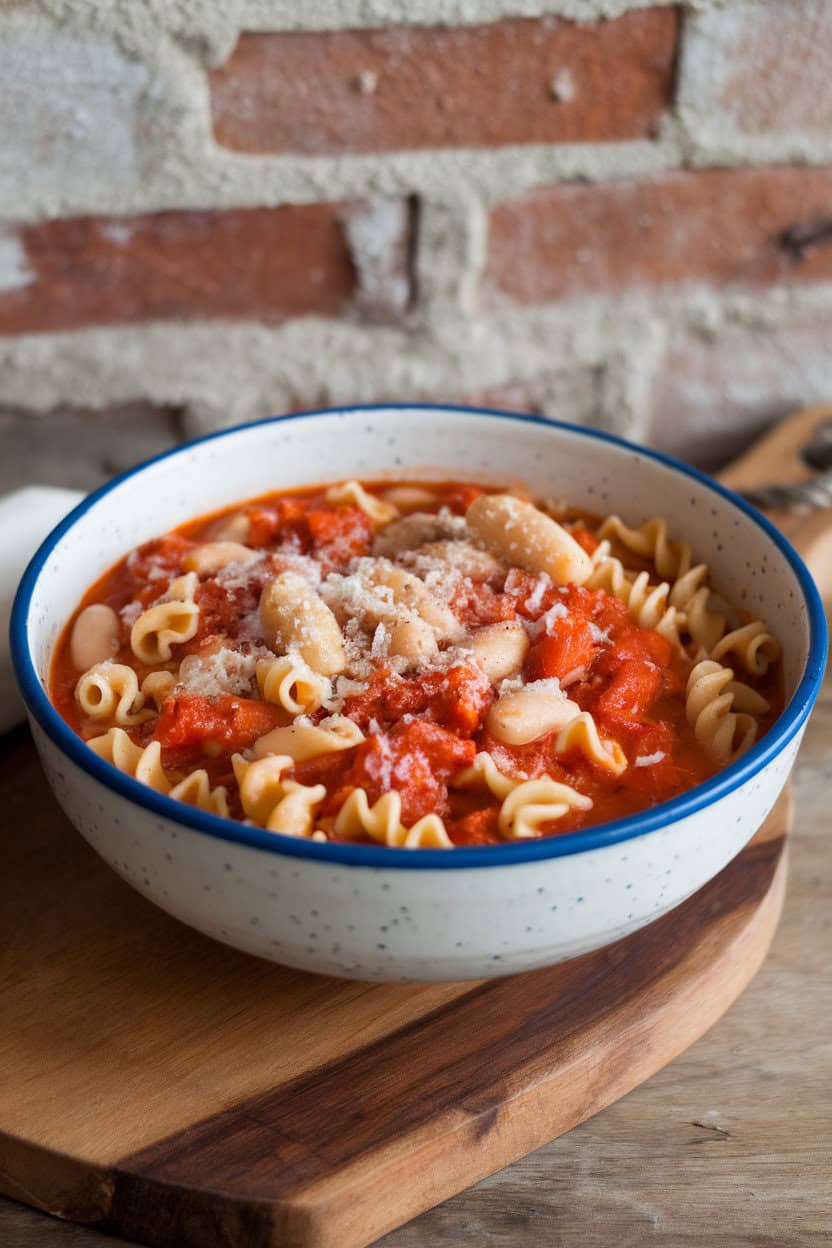 Indoor image of a bowl packed with ditalini pasta, cannellini beans, and tomato broth, topped with grated Parmesan. No text or logos