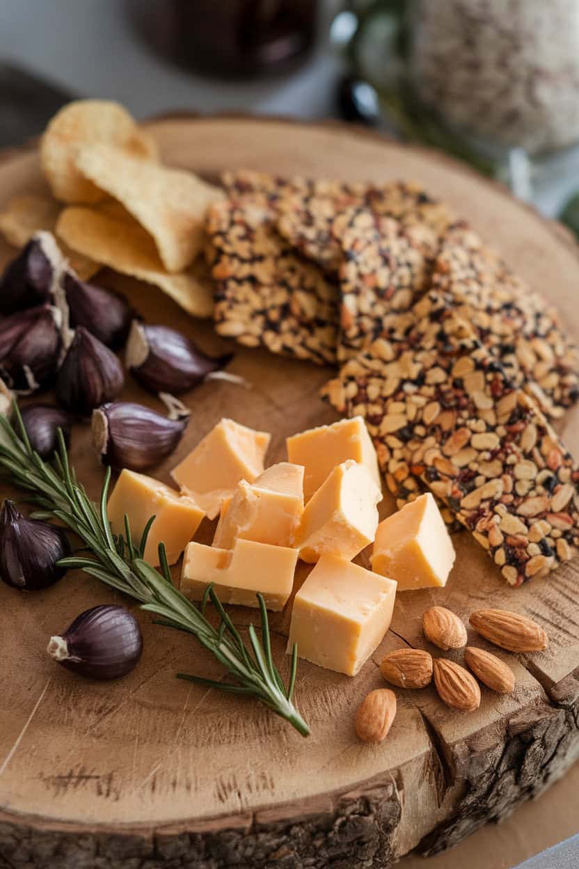 Photo indoors of black garlic cloves, aged white cheddar chunks, rosemary almonds, and multigrain crisps on a wooden board. No text or logos.