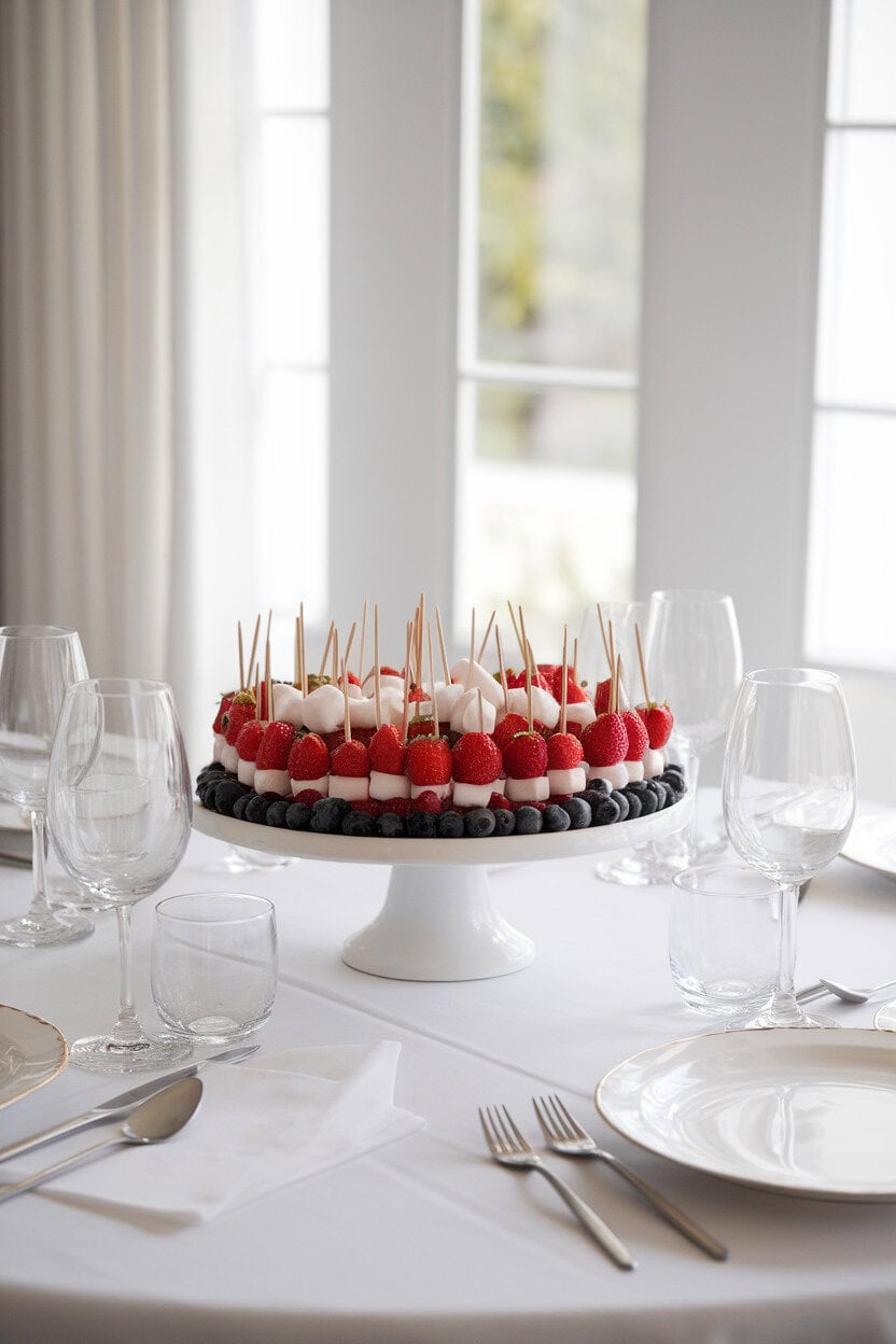 A brightly lit indoor dining table featuring short wooden skewers threaded with strawberries, marshmallows, and blueberries arranged on a white platter, no text or logos visible anywhere in the frame, photo style