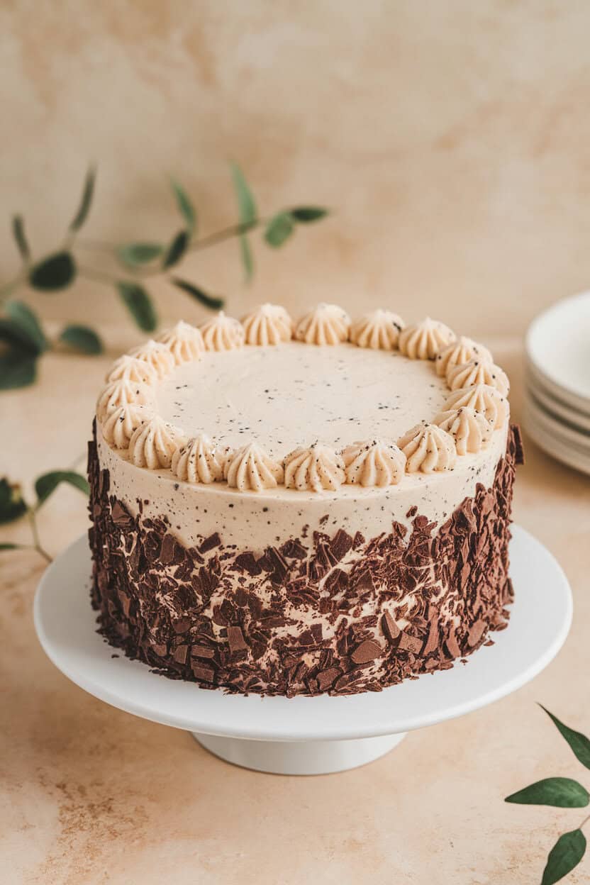 Indoor photo of a cookies-and-cream layer cake with speckled frosting and crushed chocolate wafer border, no text or logos