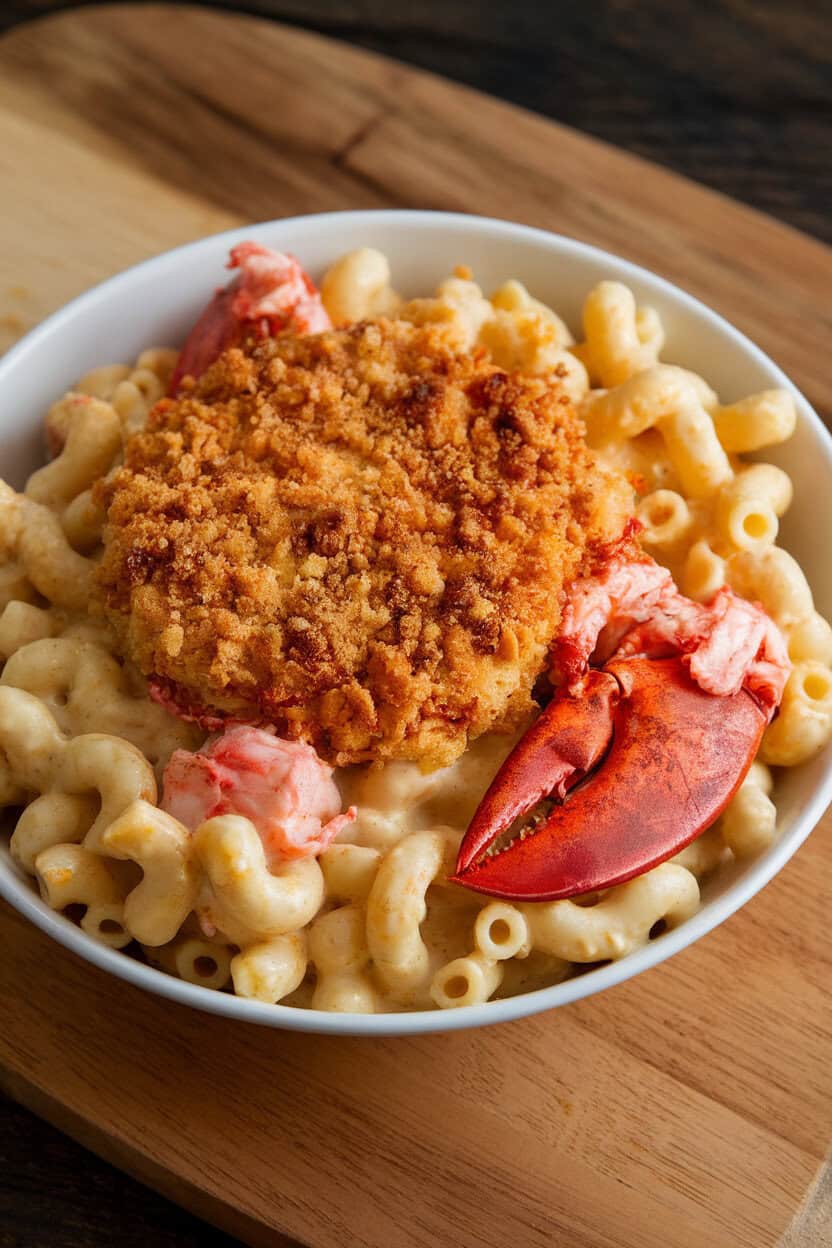 An indoor bowl of creamy lobster mac and cheese with visible chunks of cooked lobster claw meat, a browned breadcrumb crust on top. No text or logos anywhere. Photo, not illustration.