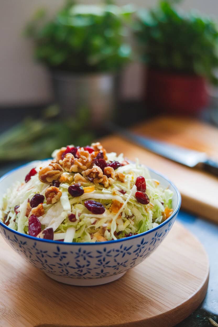Indoor close-up of a colorful slaw featuring shredded cabbage, dried cranberries, and chopped walnuts in a serving bowl. No text or logos. Photo, not illustration.