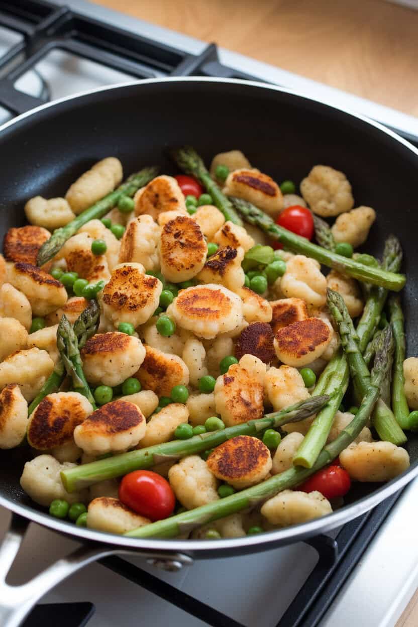 Photo of a sauté pan on an indoor stovetop containing browned cauliflower gnocchi tossed with asparagus tips, peas, and cherry tomatoes. No text or logos visible.
