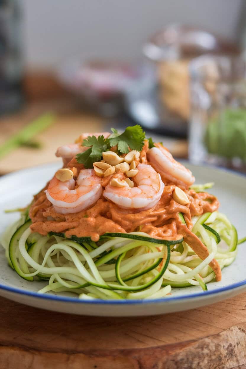 Indoor plate with spiralized zucchini noodles tossed in tamarind sauce, topped with cooked shrimp, peanuts, and cilantro. No branding visible.