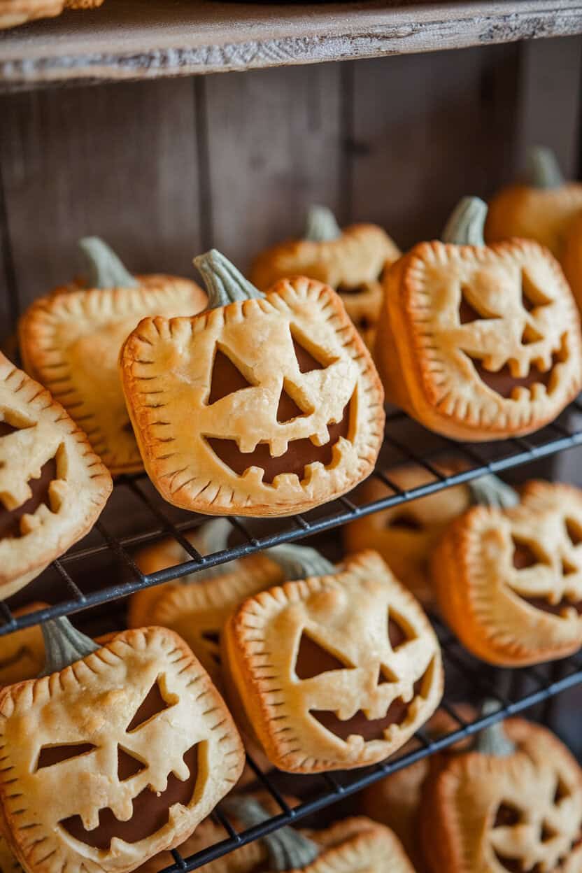 Photo, not illustration. Indoor bakery rack holding small pumpkin-shaped hand pies with cut-out faces, golden and flaky. No logos.