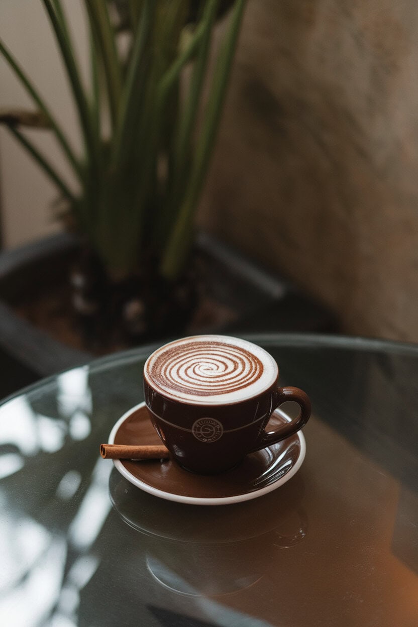 Indoor coffee table with a cappuccino cup of mocha, cocoa dusting in spiral pattern, small cinnamon stick resting on saucer; no visible branding