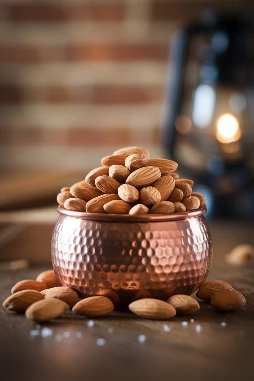 Indoor tabletop photo of lightly salted Marcona almonds piled in a small copper bowl, warm ambient light. No text or logos.