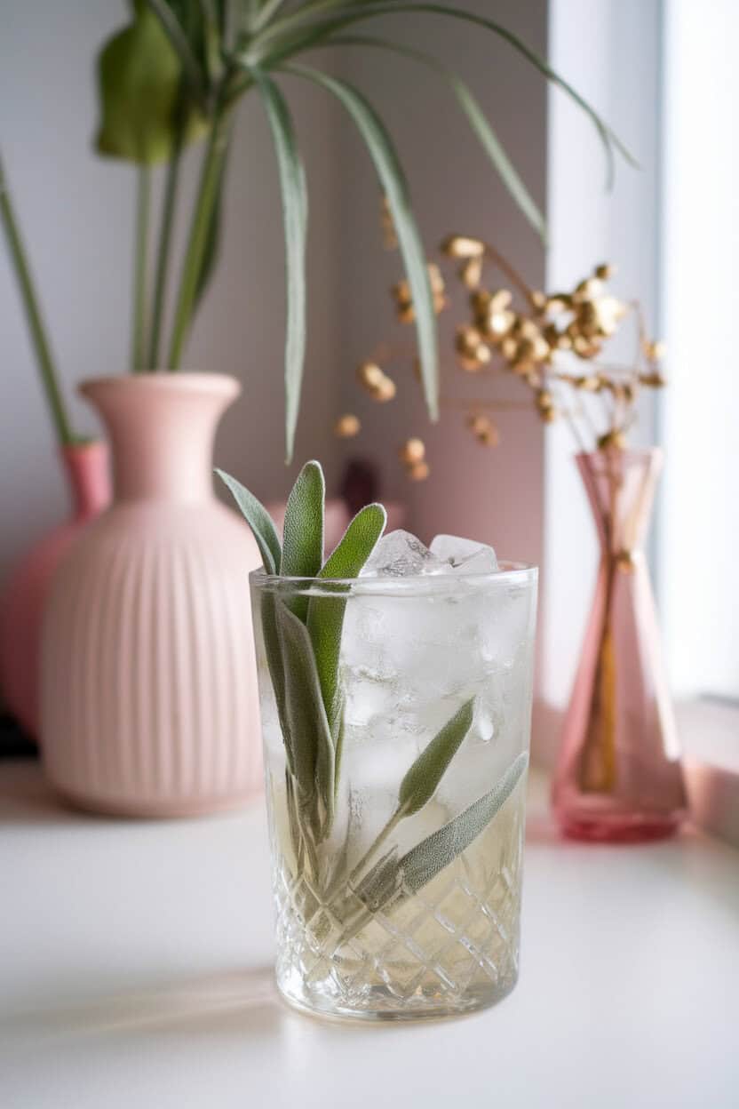 A bright indoor brunch nook with a Collins glass of clear Sage-Infused Vodka Collins, ice shards, sage leaves pressed against glass, fizzing soda; no text or logos; photo