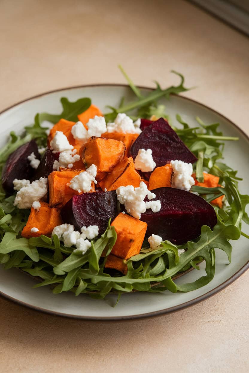 Photo of a composed salad featuring roasted sweet potato cubes, beet wedges, crumbled goat cheese, and arugula on a dinner plate indoors. No text or logos.