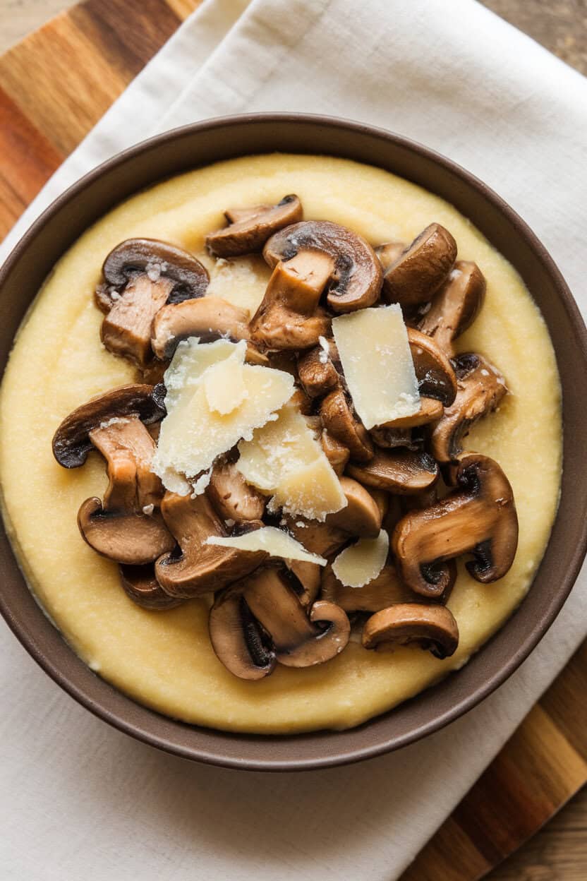 An indoor bowl of creamy polenta topped with sautéed mixed mushrooms and shaved Parmesan—no text or logos.