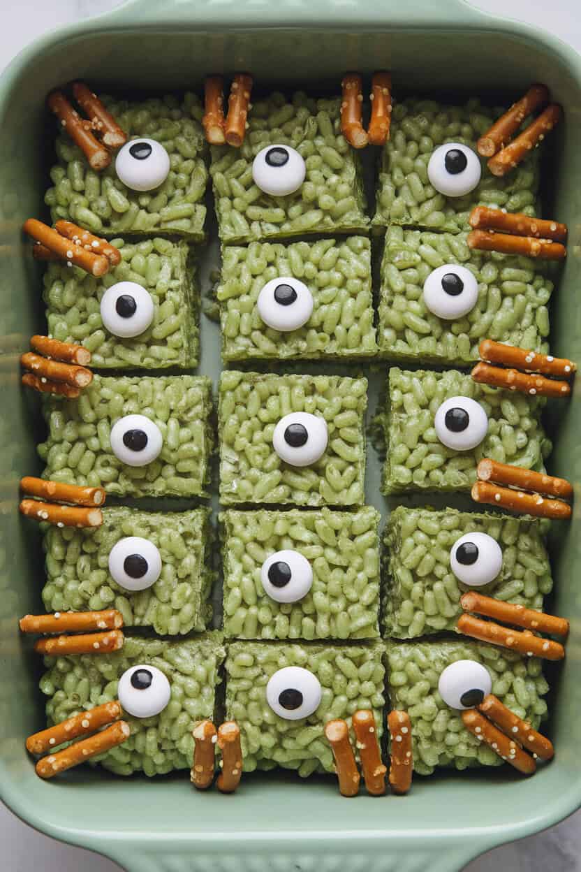 A rectangular indoor baking dish filled with green-tinted crispy rice treats cut into squares, each topped with candy eyes and pretzel “bolts” on the sides. No logos or text.