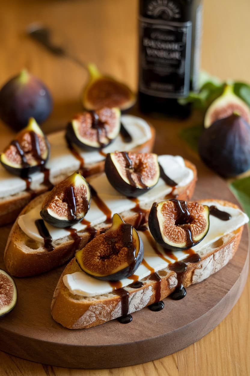 An indoor platter of toasted baguette slices topped with melted Brie and roasted fig halves, drizzle of balsamic reduction visible. Warm light, no text or logos. Photo only.